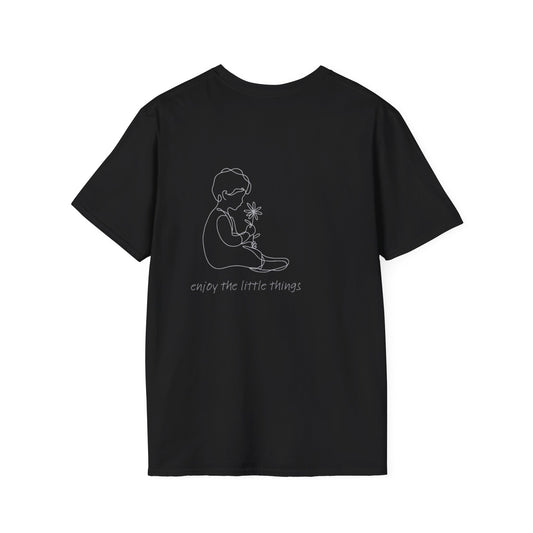 Child holding plant T-Shirt | minimalist line art, 'Grow the little things' back design