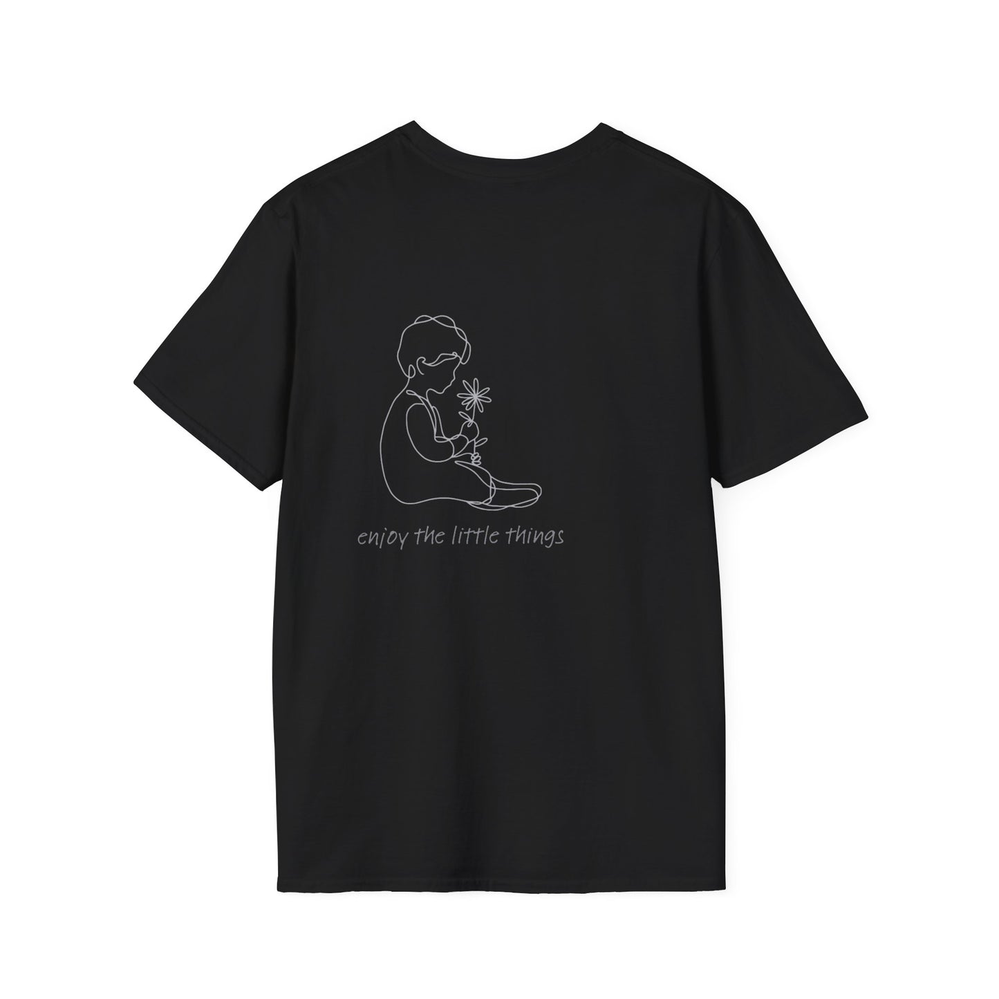 Child holding plant T-Shirt | minimalist line art, 'Grow the little things' back design