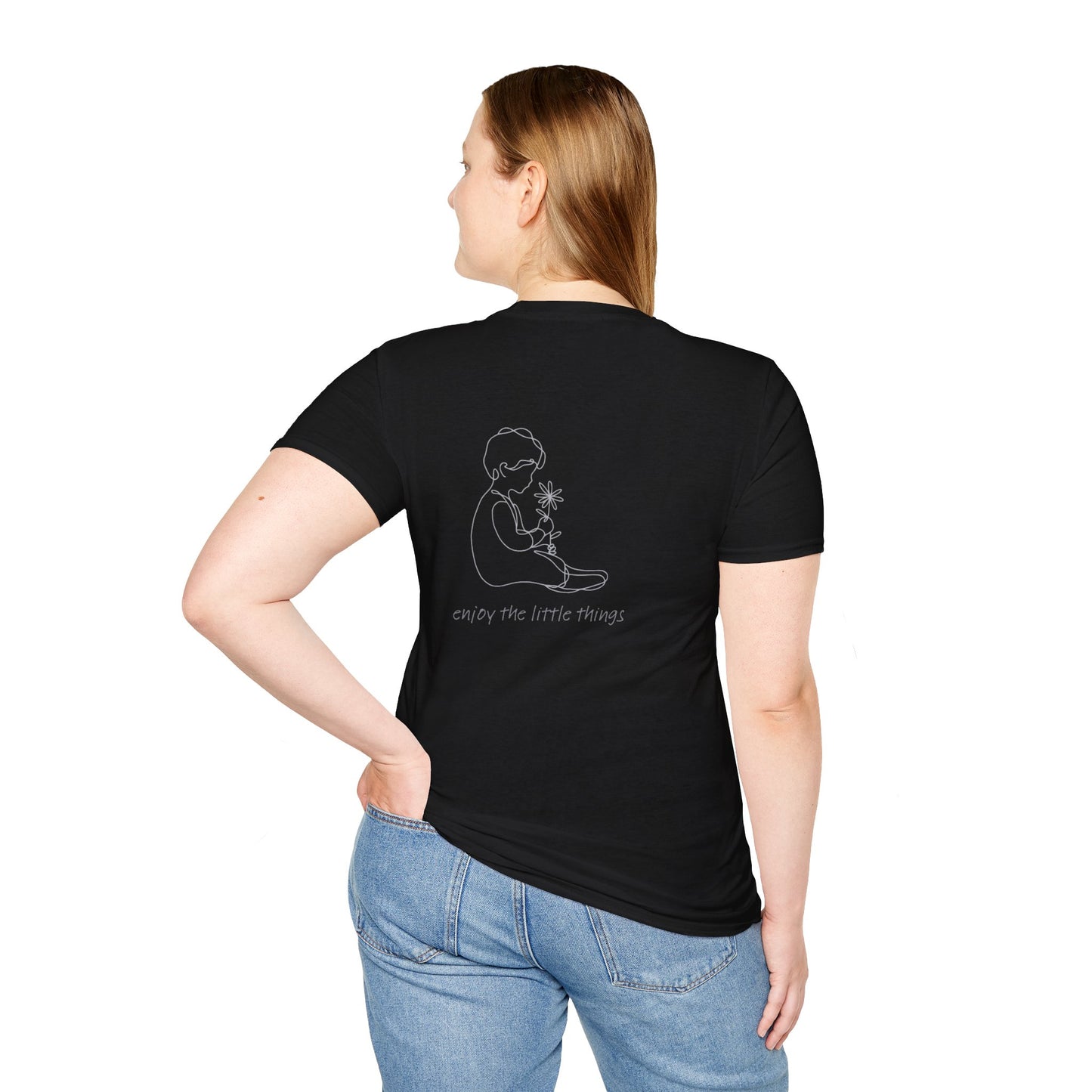 Child holding plant T-Shirt | minimalist line art, 'Grow the little things' back design
